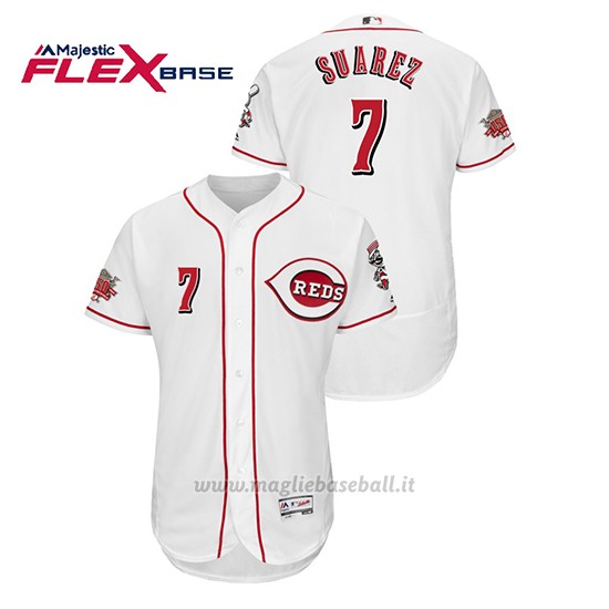Maglia Baseball Uomo Cincinnati Reds Eugenio Suarez 150th Aniversario Patch Flex Base Bianco